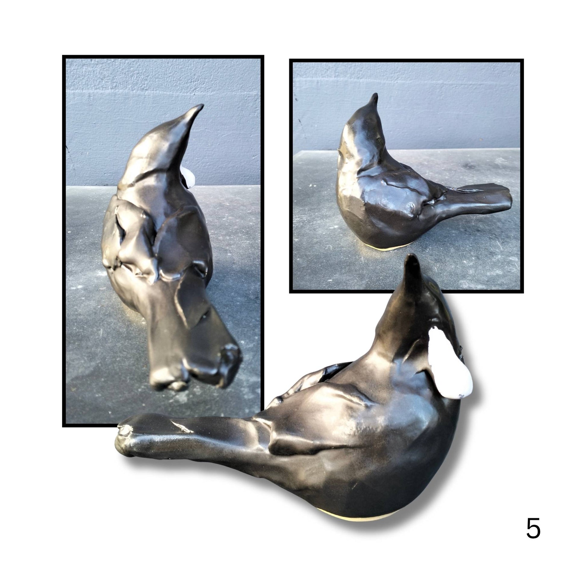 Option 5 – Unique handcrafted Tui sculpture in black clay by Kylie Matheson, finished with signature white throat tuft
