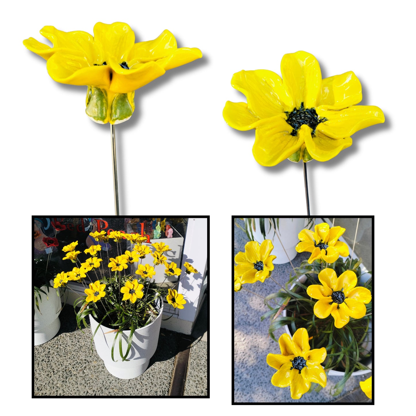 Yellow ceramic daisy flower on steel stem by Teresa Corbishley, handmade in New Zealand
