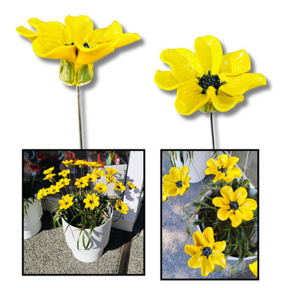 Yellow ceramic daisy flower on steel stem by Teresa Corbishley, handmade in New Zealand
