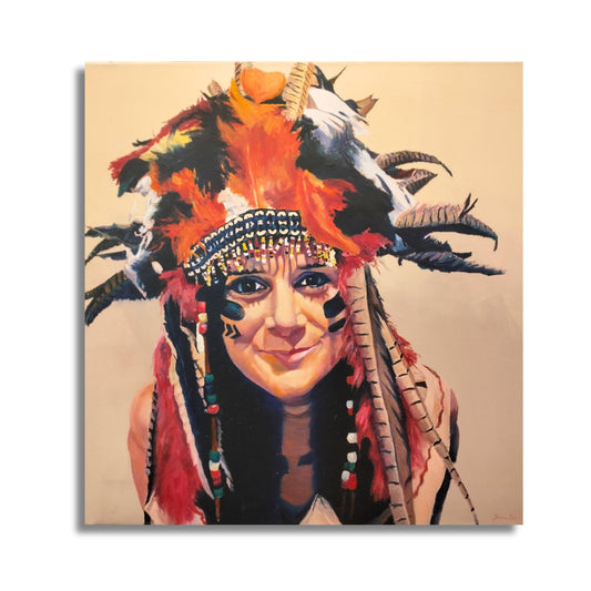 Vibrant portrait painting titled Cheeky Chief by Donna Lee featuring elaborate feathered headdress in orange and blue, intricate face paint, and joyful expression in acrylic and oil on canvas