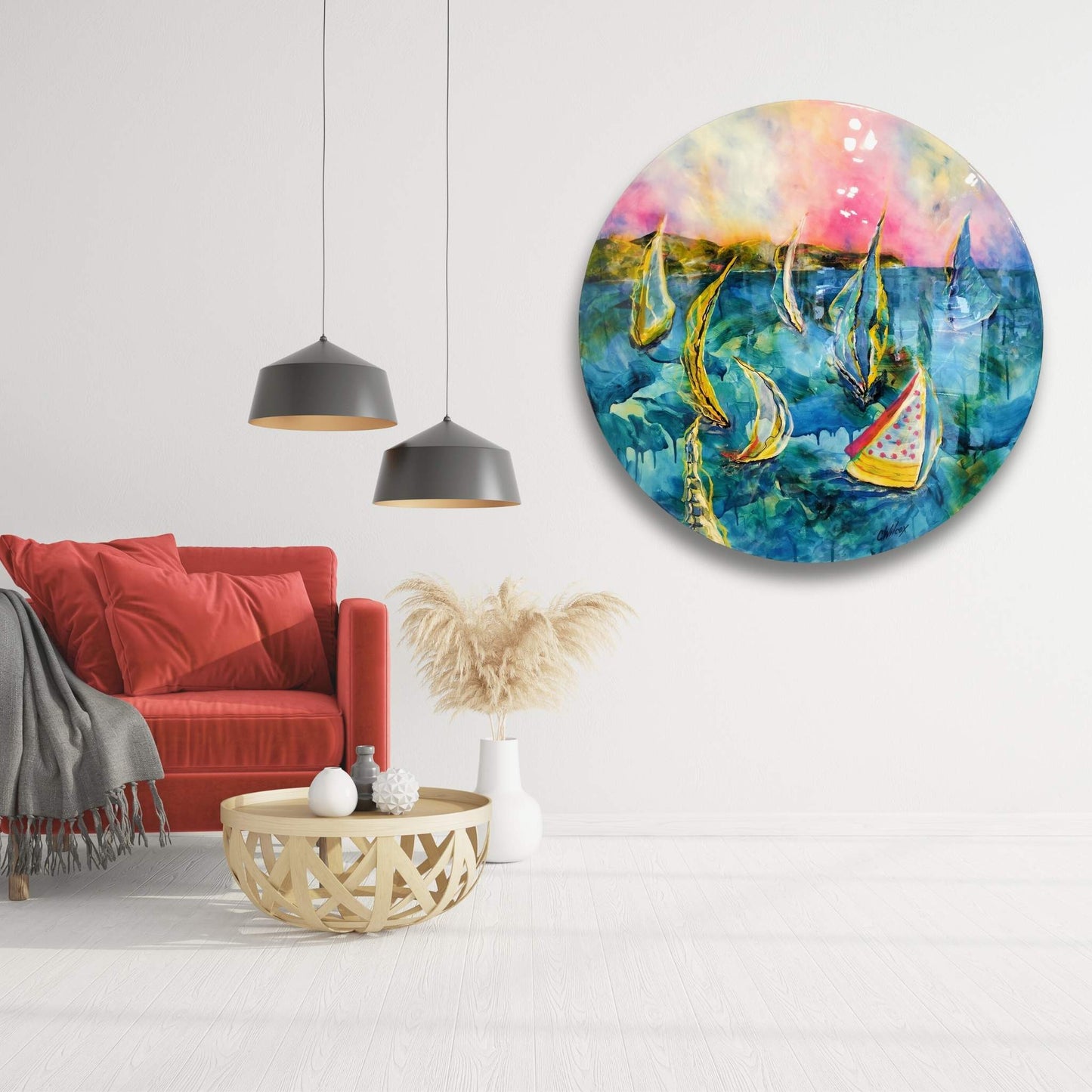 Sunday Regatta” by Clare Wilcox styled in a modern living room – Round statement artwork with bright sailing boats and glossy resin finish.