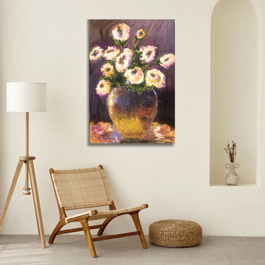 Clay Pot of Flowers by Jenny Bishop displayed in a home interior — floral oil painting bringing grounded beauty and soulful calm into the space.