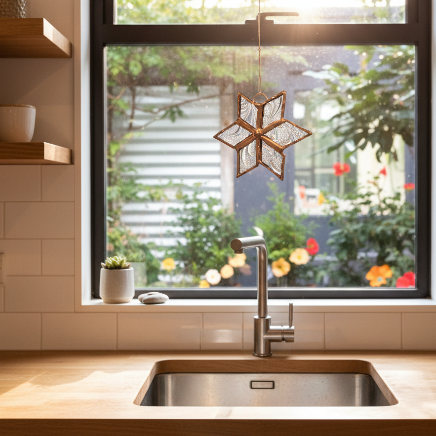 Clear Leadlight Star kitchen sink view