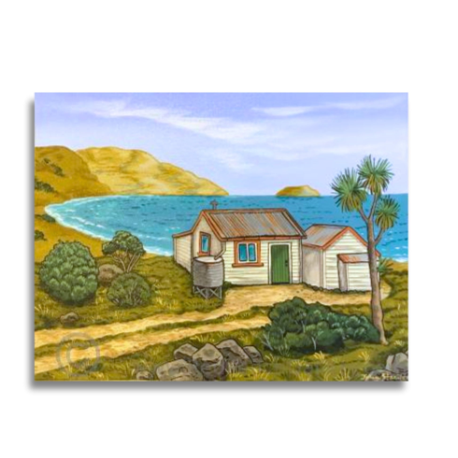 Cliff Beach by John Staniford – acrylic New Zealand coastal painting with seaside bach, summer hills, and serene shoreline atmosphere