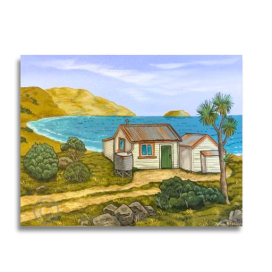 Cliff Beach by John Staniford – acrylic New Zealand coastal painting with seaside bach, summer hills, and serene shoreline atmosphere