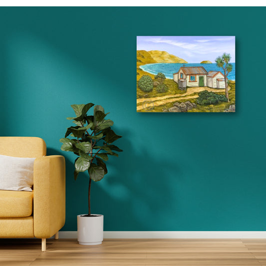 Cliff Beach by John Staniford – framed artwork mockup showcasing an acrylic coastal New Zealand painting styled in a modern home.