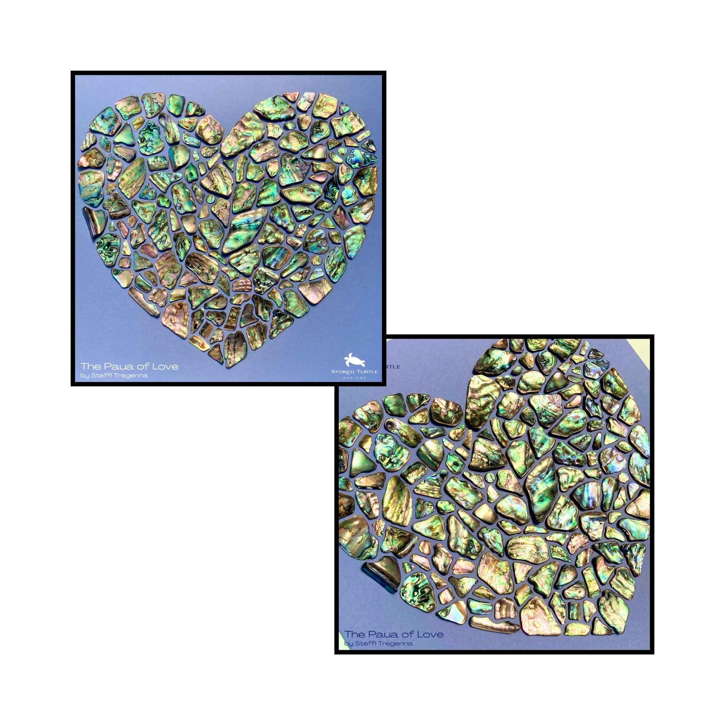 Two close ups of The Paua of Love - heart-shaped artwork made from iridescent paua shells arranged in mosaic pattern on blue background in white frame
