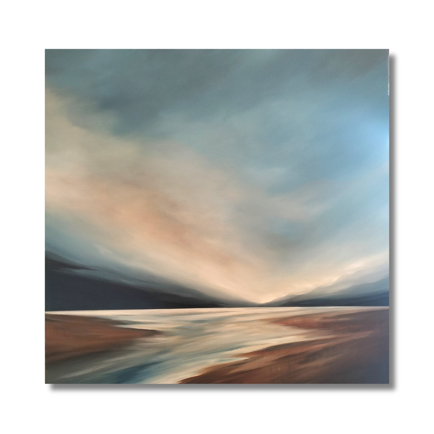 Large square acrylic landscape painting of dramatic stormy sky with light breaking through over a NZ estuary by artist Tut Blumental, unframed canvas
