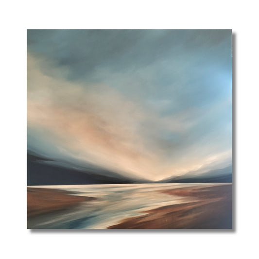 Large square acrylic landscape painting of dramatic stormy sky with light breaking through over a NZ estuary by artist Tut Blumental, unframed canvas
