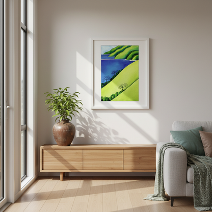 Coastal Calm by Raewyn Harris displayed in a contemporary NZ home interior, bold graphic watercolour landscape in lime green and cobalt blue
