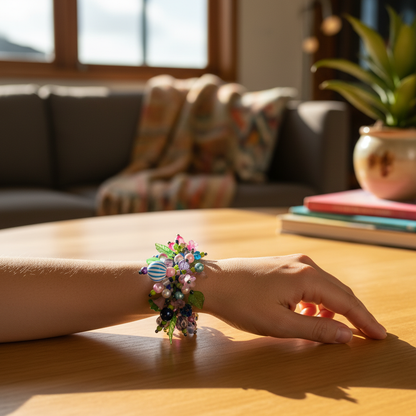 Colorful beaded bracelet with glass charms lifestyle mockup