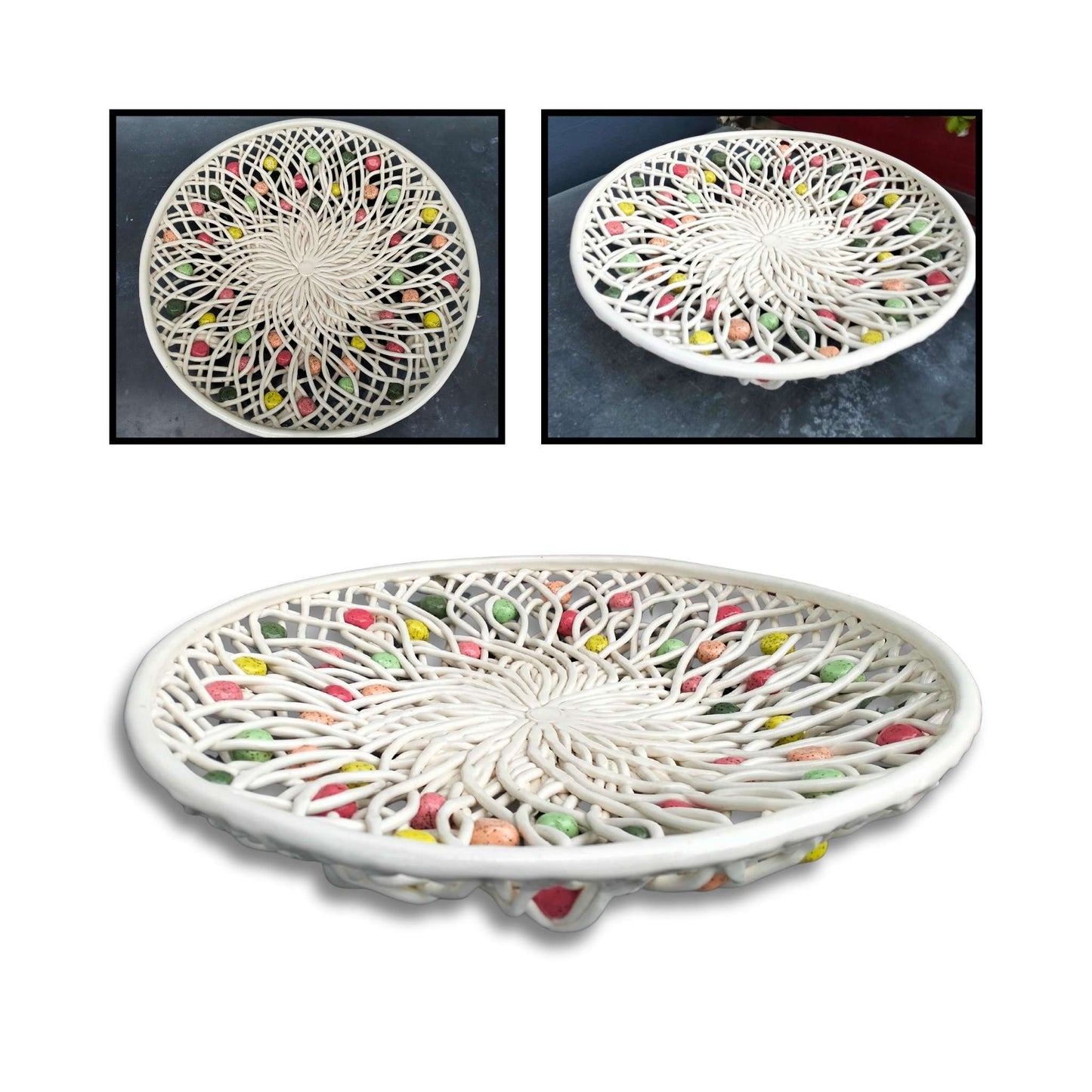 Large white ceramic lattice platter by Tom Sommerville with colourful clay spheres