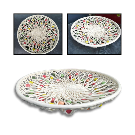 Large white ceramic lattice platter by Tom Sommerville with colourful clay spheres