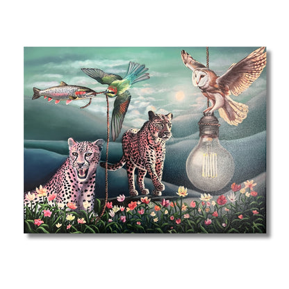 Oil painting of two leopards, a barn owl carrying a light bulb and a kererū with a trout in a surreal wildflower meadow by NZ artist Lauren Worsley, black float framed
