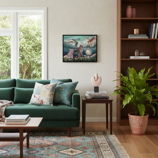 Lauren Worsley Consensus fantasy wildlife oil painting hung in a contemporary New Zealand home interior, Red Peach Gallery Napier
