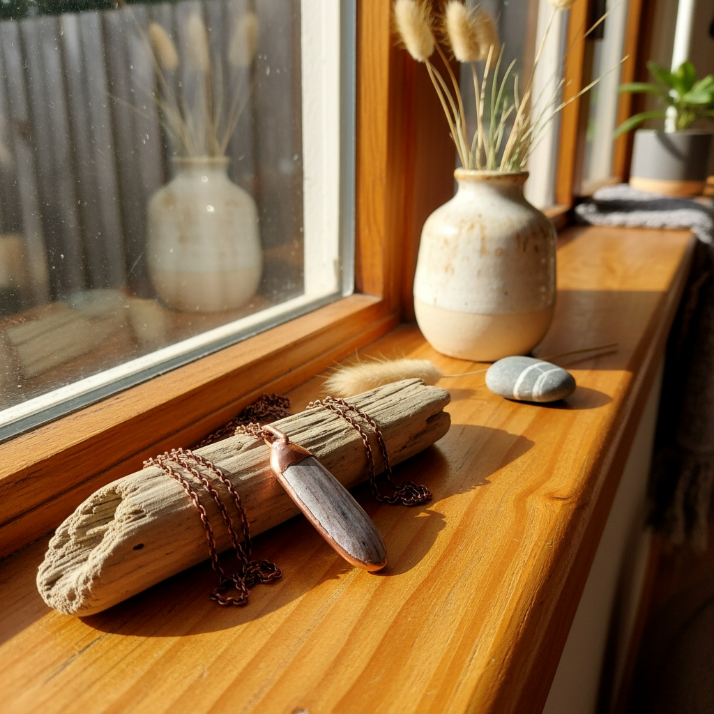 Copper schist pendant by Gary Howse hanging in a warm NZ coastal home setting

