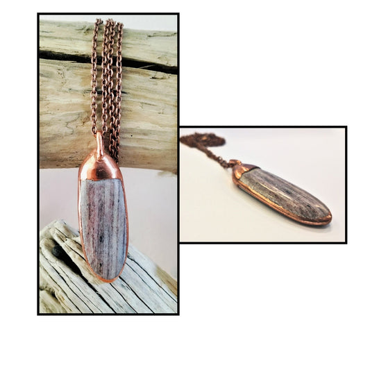 Copper schist drop pendant by Gary Howse, showing layered grey-blue stone in hand-formed copper bale with rolo chain, two views
