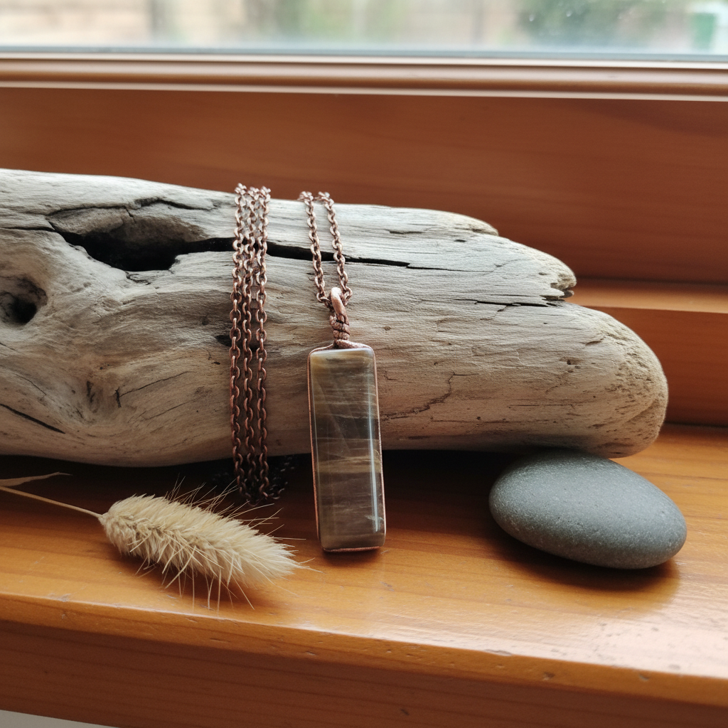 Stripped brown stone pendant by Gary Howse draped over driftwood on a warm NZ timber windowsill with dried native grass and river stone
