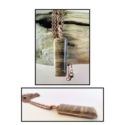 Copper stripped brown stone pendant #37 by Gary Howse — long narrow banded stone drop in copper bale on copper chain, shown on display bust and close-up detail views
