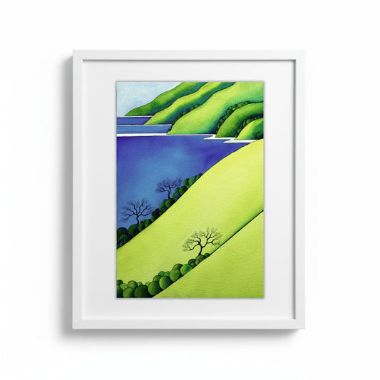 Coastal Calm, original watercolour by Raewyn Harris, graphic NZ coastal landscape with lime green hills, cobalt blue harbour and small bare trees, white frame
