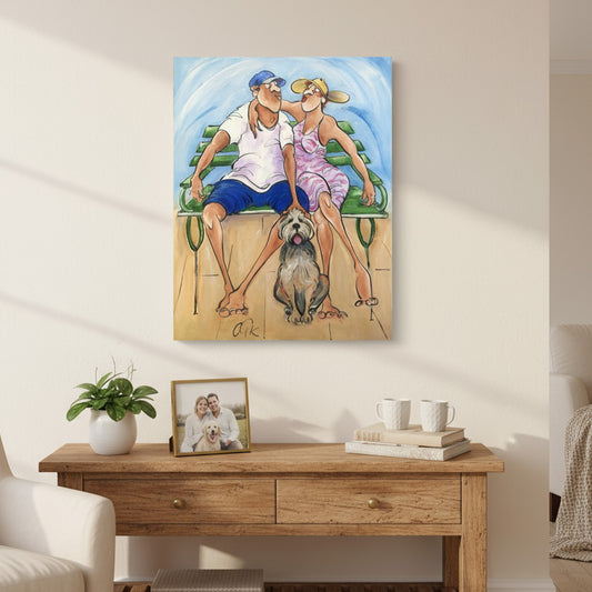 A painting of a couple with their dog above a side board in the home, artist Chloe King