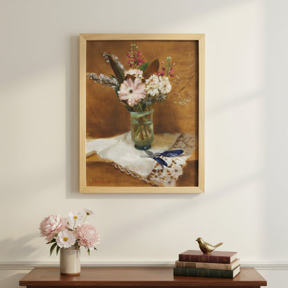Cut Flowers - classical oil painting by Tatyana Kulida showing pink and white flowers in a glass vase with soft golden background, natural wood on a wall with flowers and a desk below