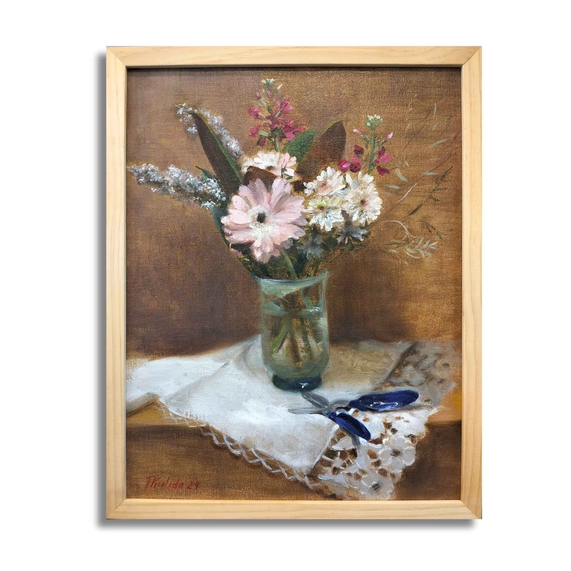 Cut Flowers - classical oil painting by Tatyana Kulida showing pink and white flowers in a glass vase with soft golden background, natural wood frame, 39 x 49cm