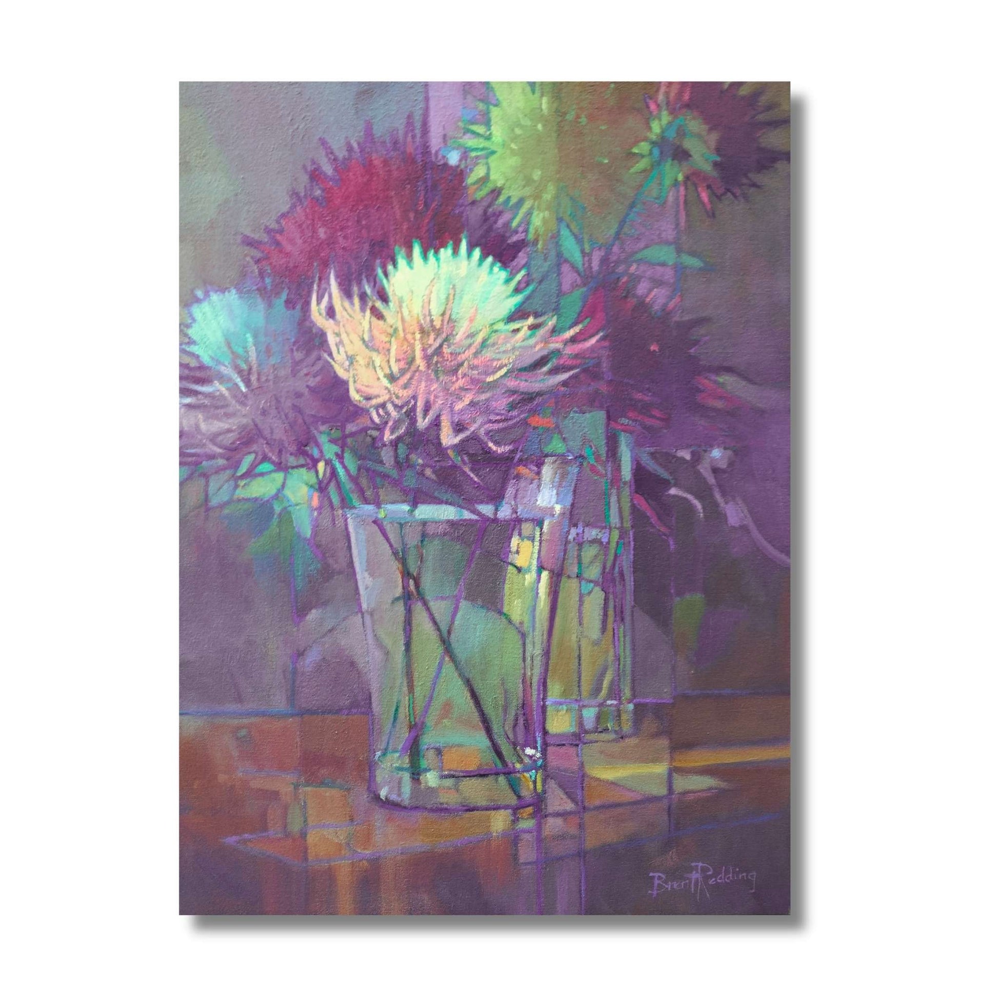 Dahlias II oil painting by Brent Redding showing colorful dahlia blooms in purple, turquoise, coral and yellow in glass vase
