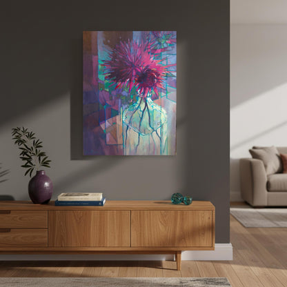 Brent Redding Dahlias III oil painting hung in a moody contemporary NZ home interior, Red Peach Gallery Napier
