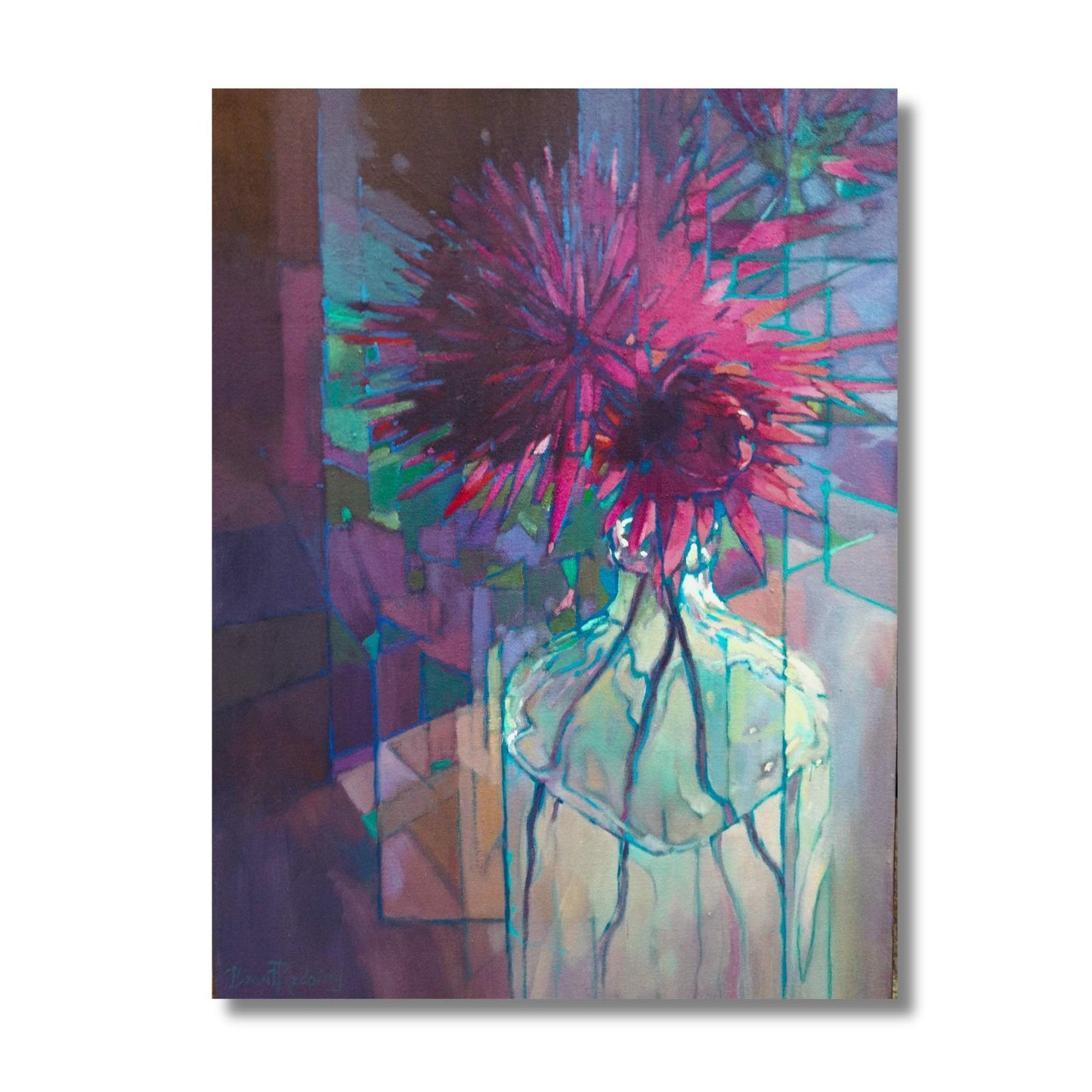 Oil painting of a two magenta dahlias in a glass bottle with teal geometric lines by New Zealand artist Brent Redding, unframed canvas
