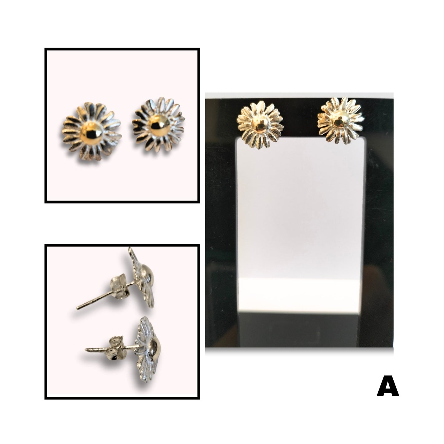 Sterling Silver daisy earring studs with 9ct gold center, number A