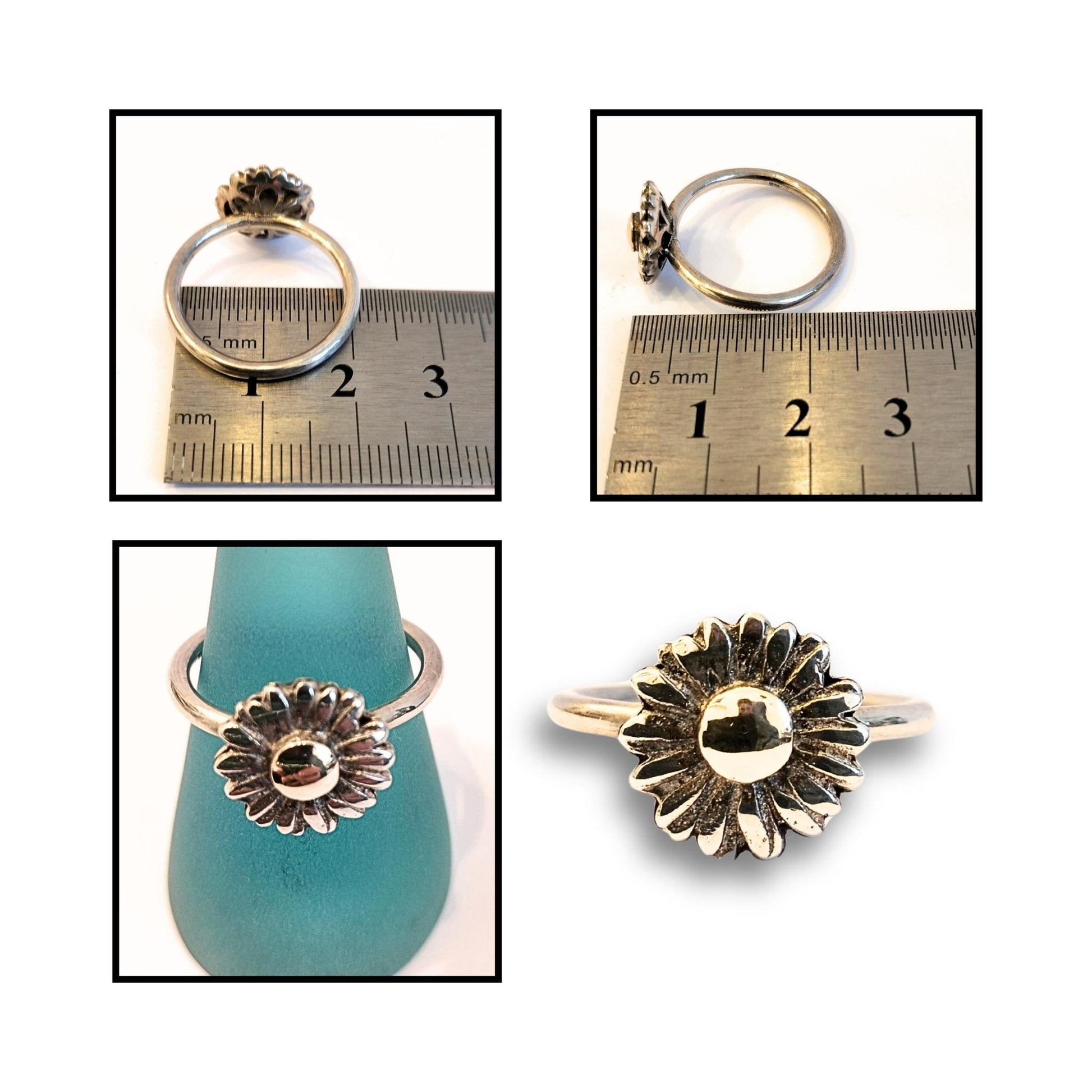 Handcrafted sterling silver daisy ring with 9ct gold centre on a smooth band – designed by Kim Jobson

