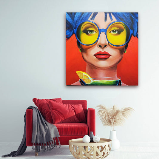 You're Too Sweet For Me' mixed media portrait featuring a sassy woman with blue hair and glasses, displayed in a stylish living room with modern decor.