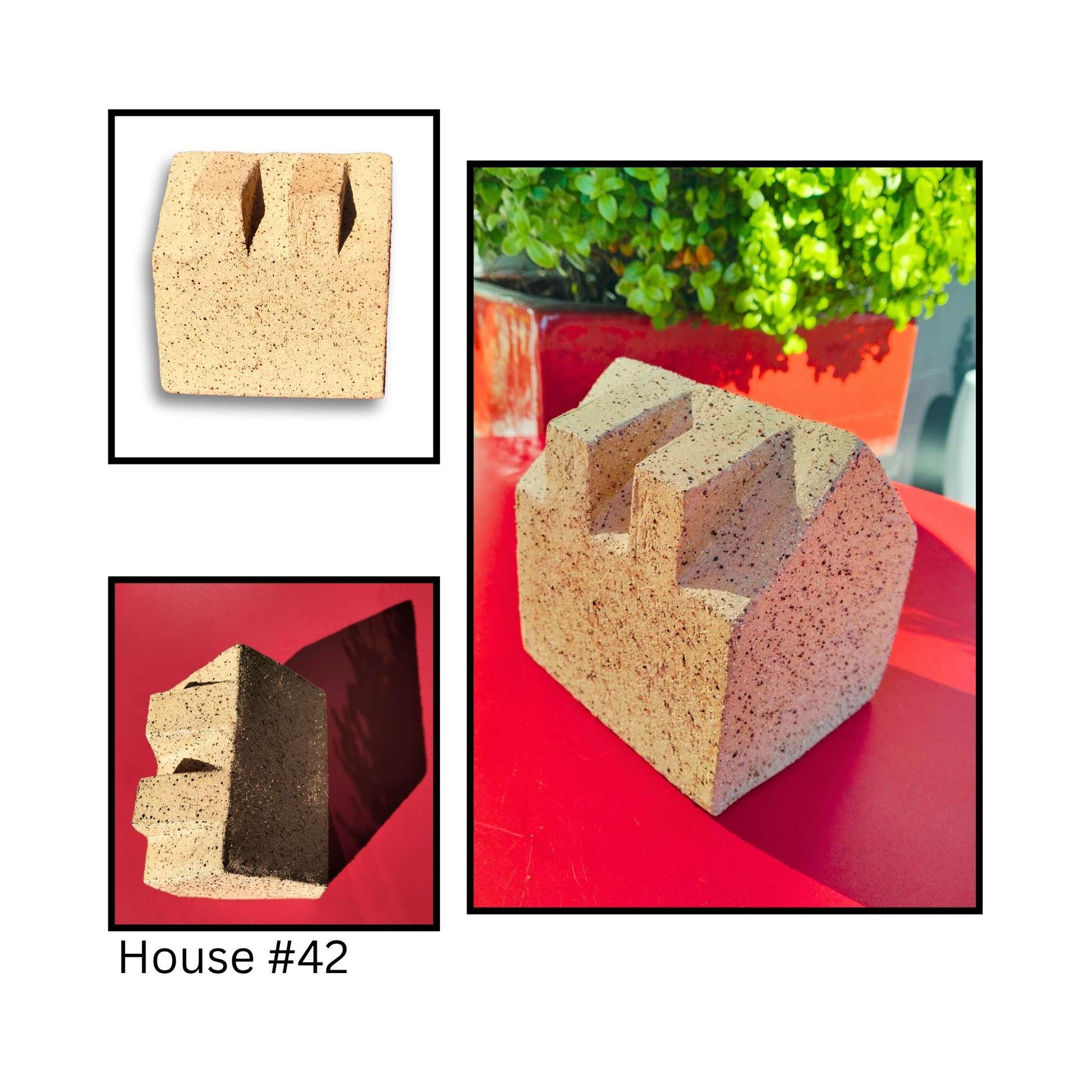Dormer House ceramic sculptures by Greg Melville, number 42, each has unique roof angles and slab‑built forms casting shadows.