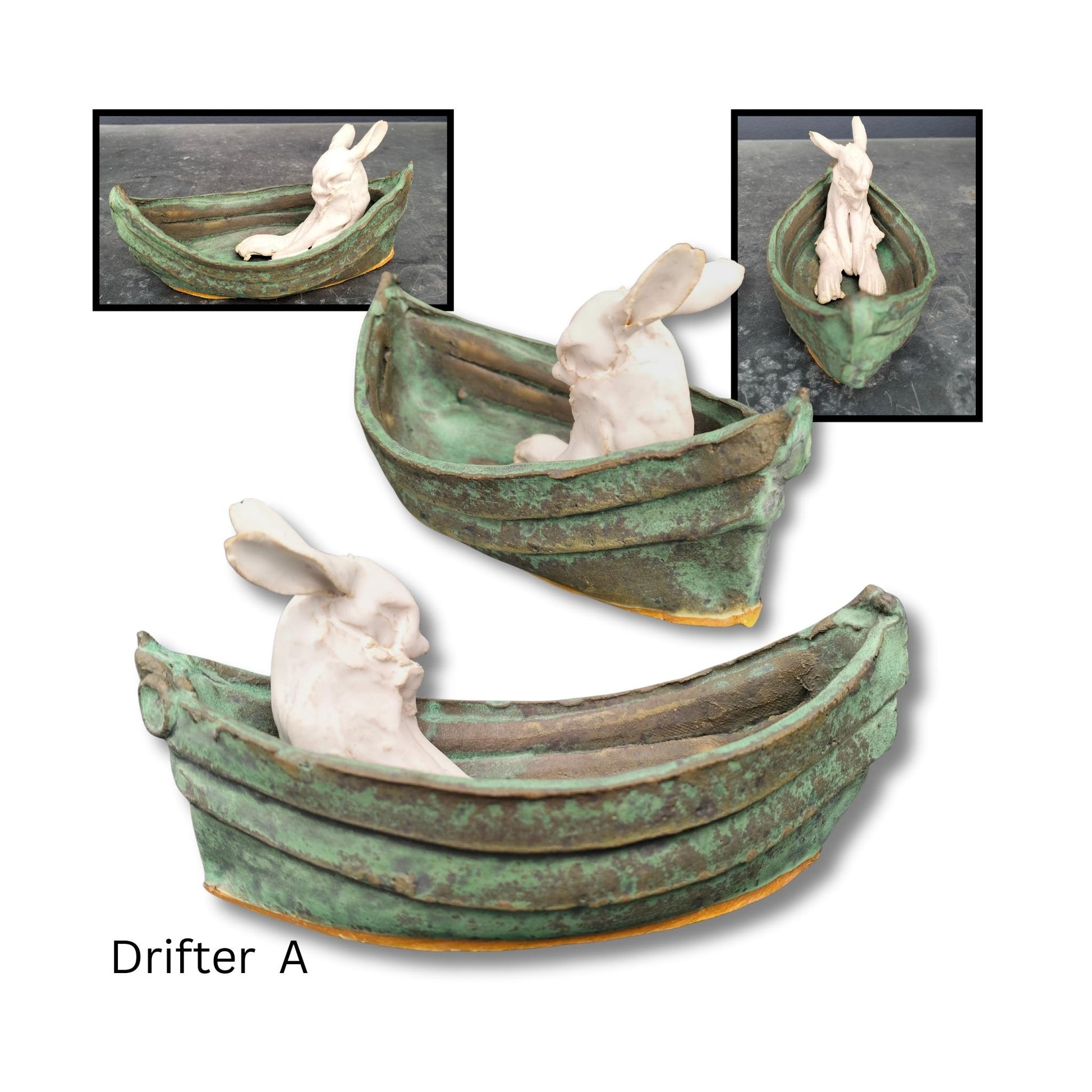 White ceramic rabbit in  boat with ears back, relaxed and serene.


