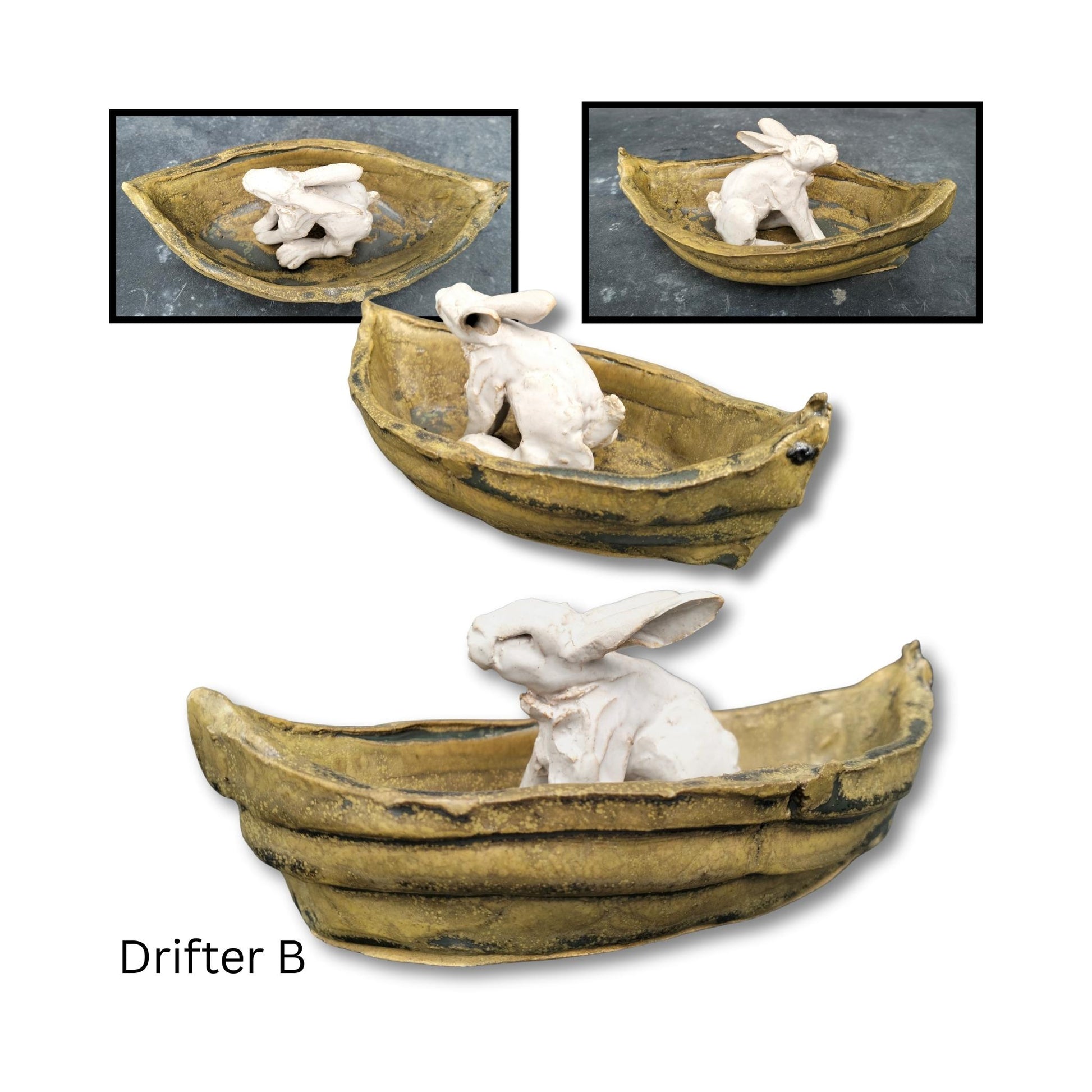 White ceramic rabbit sculpture by Kylie Matheson sitting in  boat,  gazing ahead.