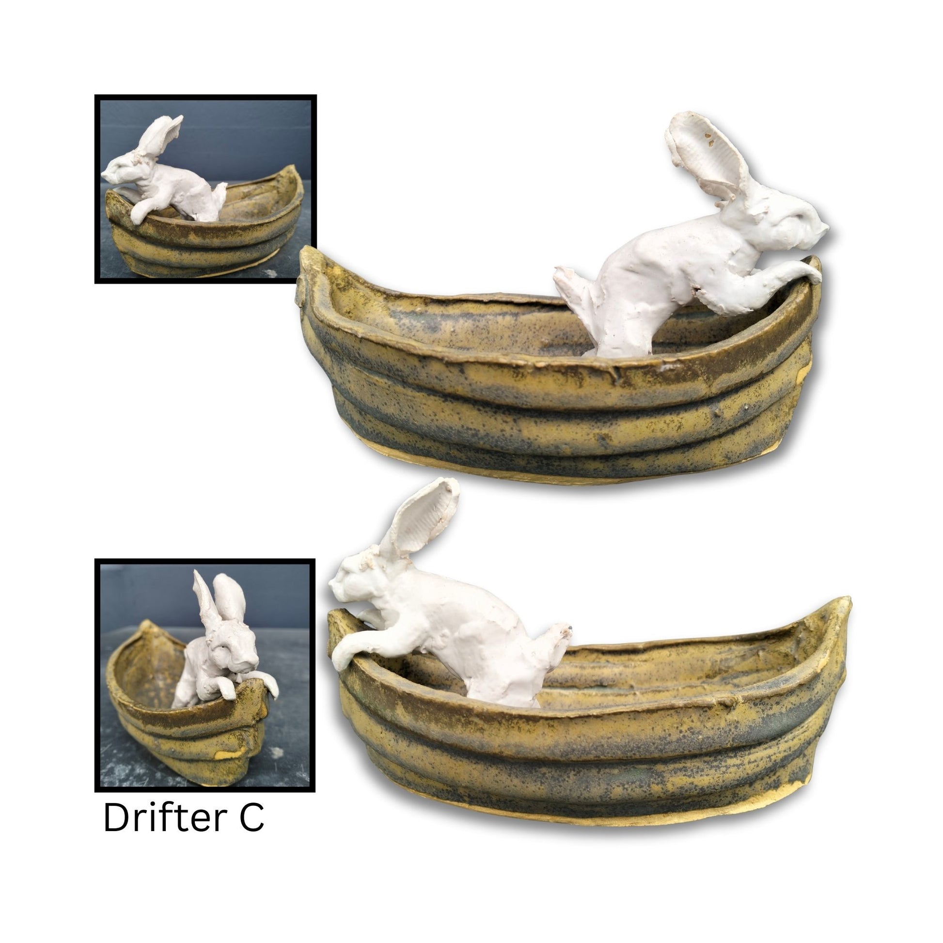 White ceramic rabbit by Kylie Matheson leaning over side of boat, in curiosity.