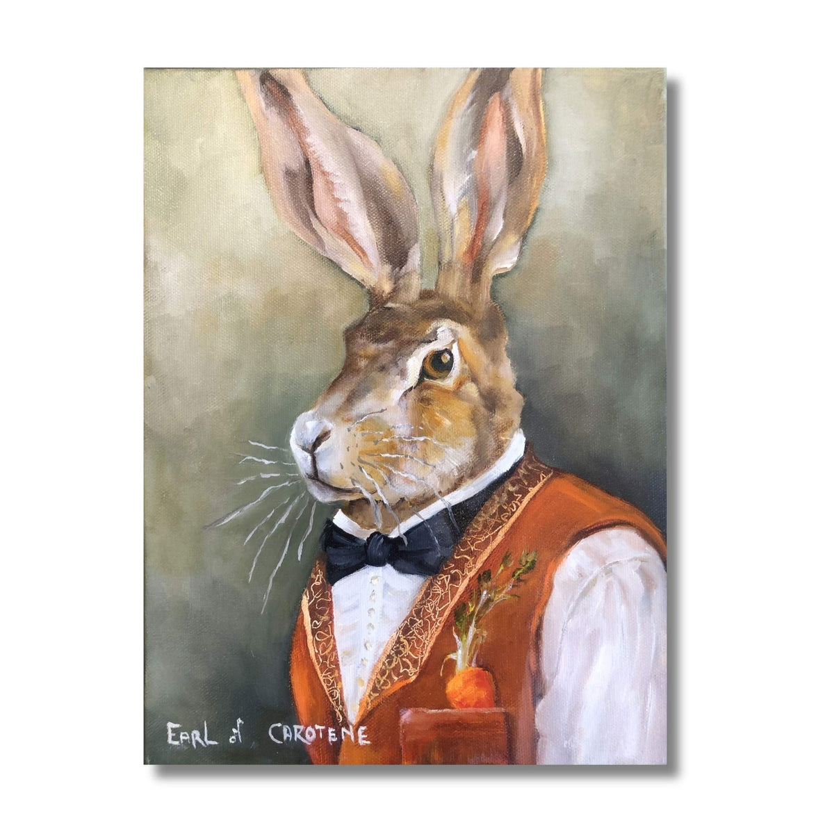 Earl of Carotene by Nola Weber, an oil portrait of a brown rabbit wearing an orange waistcoat with gold detailing, a black bow tie and a carrot in his pocket.
