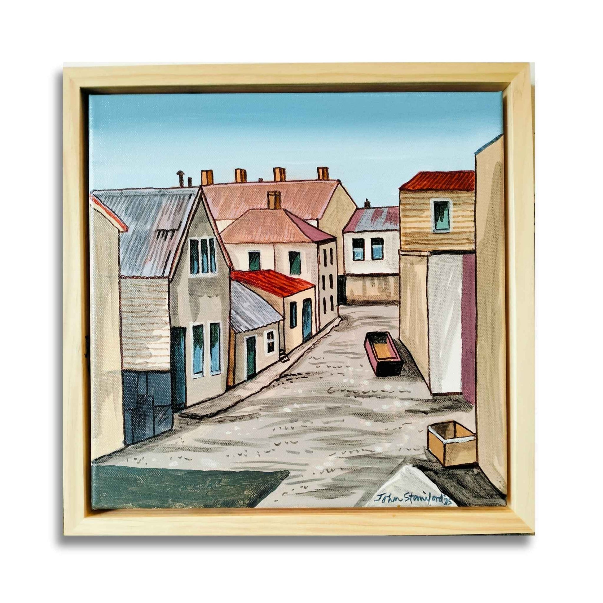 Early Days by John Staniford – small original New Zealand streetscape painting on a white background.