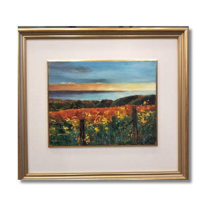 Framed oil painting of an early morning Hawke's Bay vineyard by New Zealand artist Jane McIntosh, gold frame with white mount
