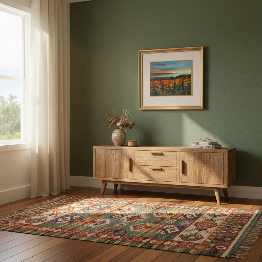 Jane McIntosh oil painting of a NZ vineyard landscape hung in a warm Hawke's Bay farmhouse interior
