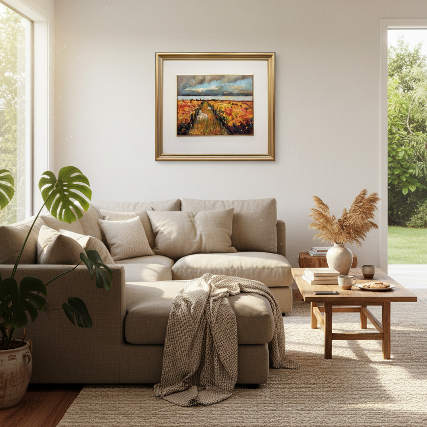 Oil painting by Jane McIntosh -Early Morning Sheep Vineyard, in a home setting, in the living room
