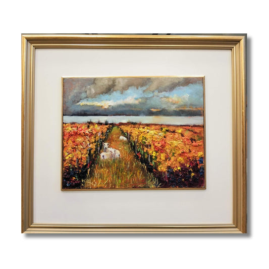 Framed oil painting of sheep in an autumn Hawke's Bay vineyard by New Zealand artist Jane McIntosh, gold frame with white mount
