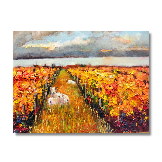 Close up of oil painting of sheep in an autumn Hawke's Bay vineyard by New Zealand artist Jane McIntosh, on a  white background
