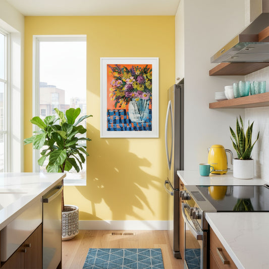 Modern kitchen with yellow walls, plants, and colorful artwork of flowers by artist Susan Vorster