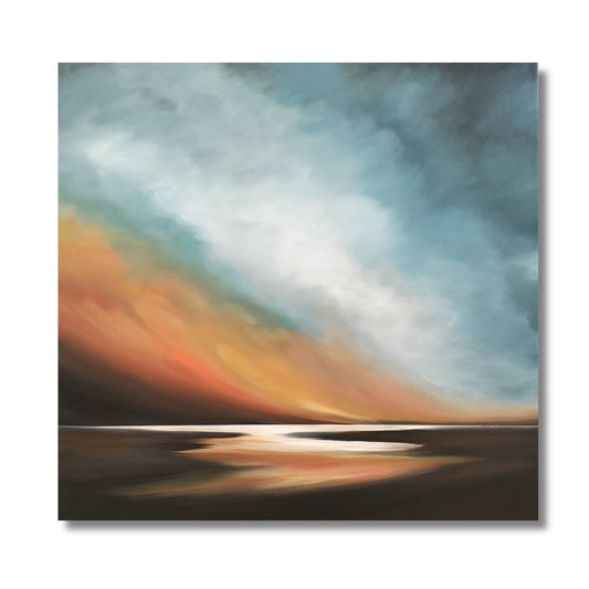 Large square acrylic landscape painting of a fiery amber and teal sky reflected in a still pool by NZ artist Tut Blumental, unframed canvas
