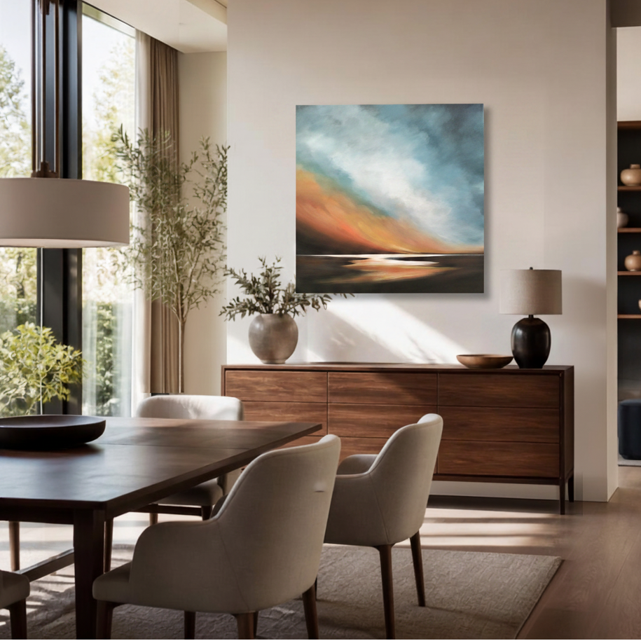 Tut Blumental Ember Tide large landscape painting hung in a spacious contemporary New Zealand home interior, Red Peach Gallery Napier
