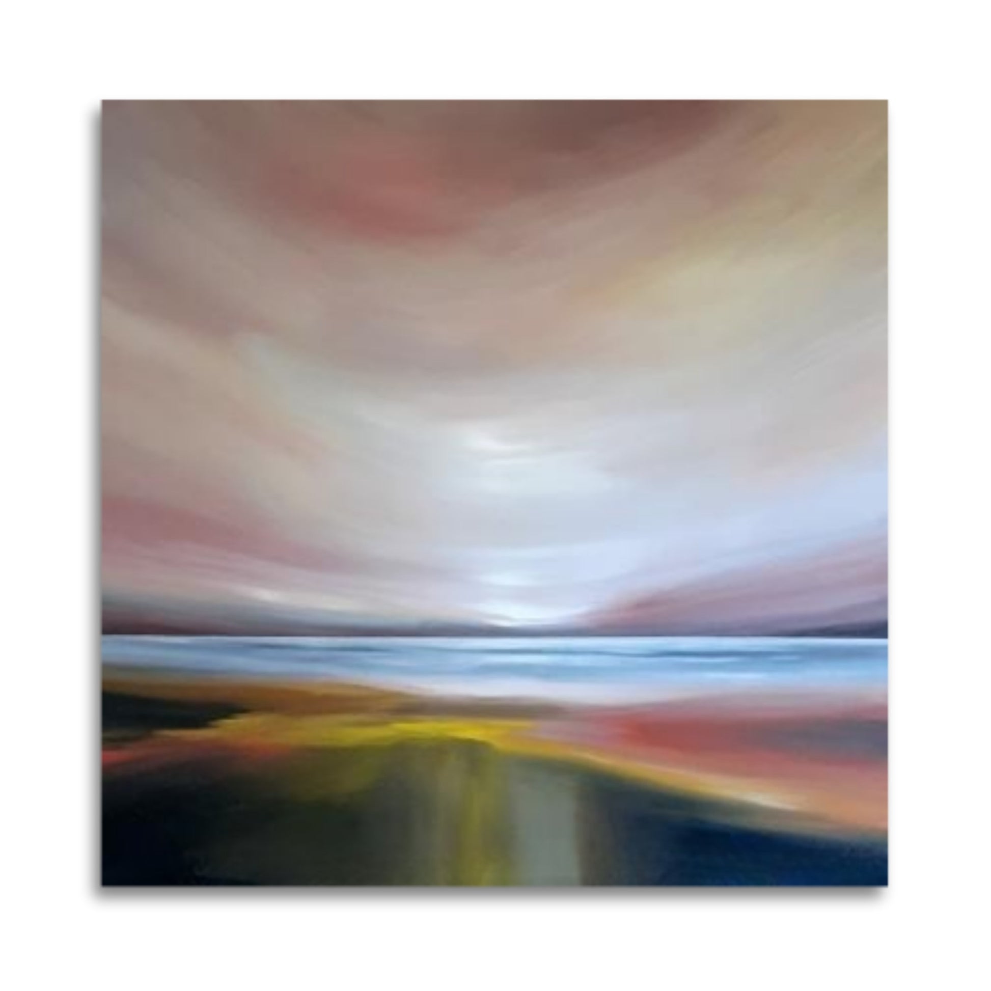 Square abstract painting ‘Estuary at Twilight’ by Tut Blumental with soft landscape tones and a low, dreamy twilight horizon.

