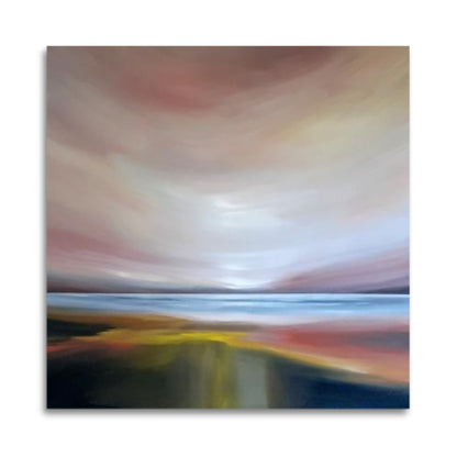 Square abstract painting ‘Estuary at Twilight’ by Tut Blumental with soft landscape tones and a low, dreamy twilight horizon.

