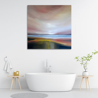 Tut Blumental abstract painting ‘Estuary at Twilight’ featuring soft green, pink, and golden hues under a muted evening sky in a modern bathroom interior.


